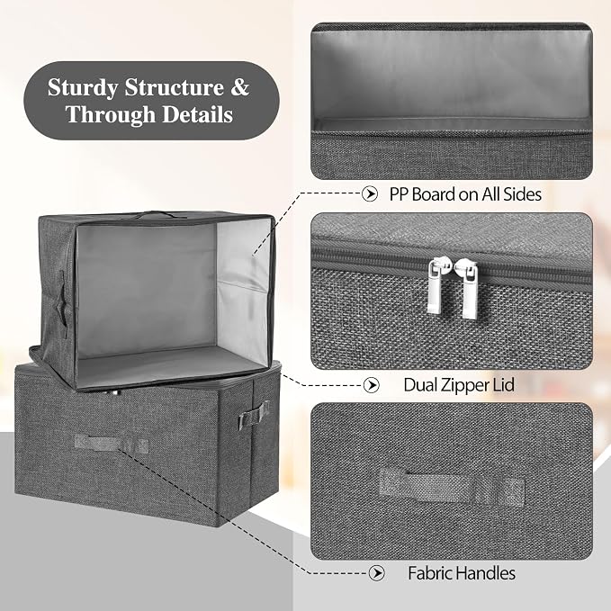 ANMINY Storage Bins with Zipper Lids 51.9 Qt Lidded Fabric Storage Boxes Baskets Cubes with Handles Collapsible Washable Cotton Linen Closet Shelf Clothes Organizer - Gray, Extra Large