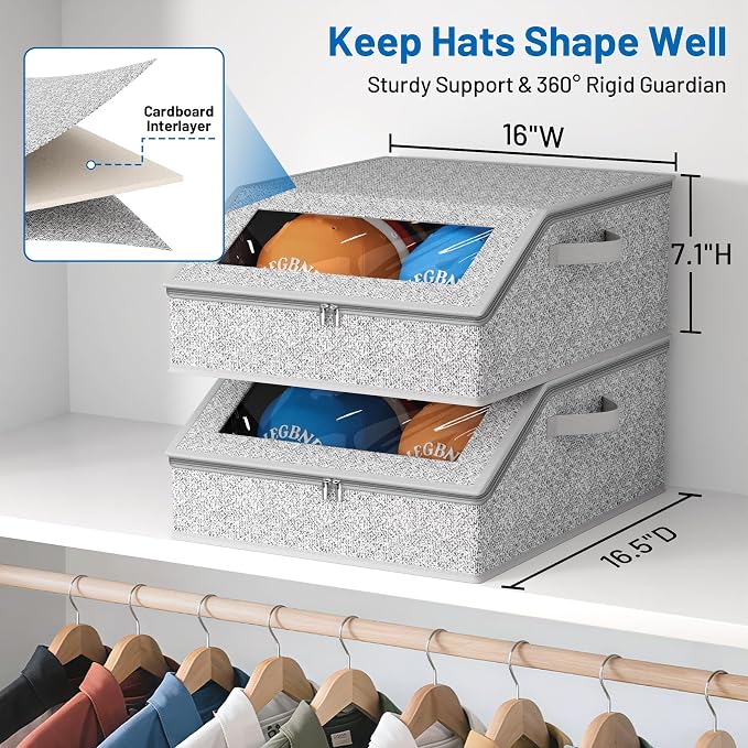 AOODA 2 PCS Sturdy Hat Storage for Baseball Caps, Holds up to 48 Caps Clear Hat Organizer for Closet, Bedroom, Wide Hat Box with Cardboard (Grey)