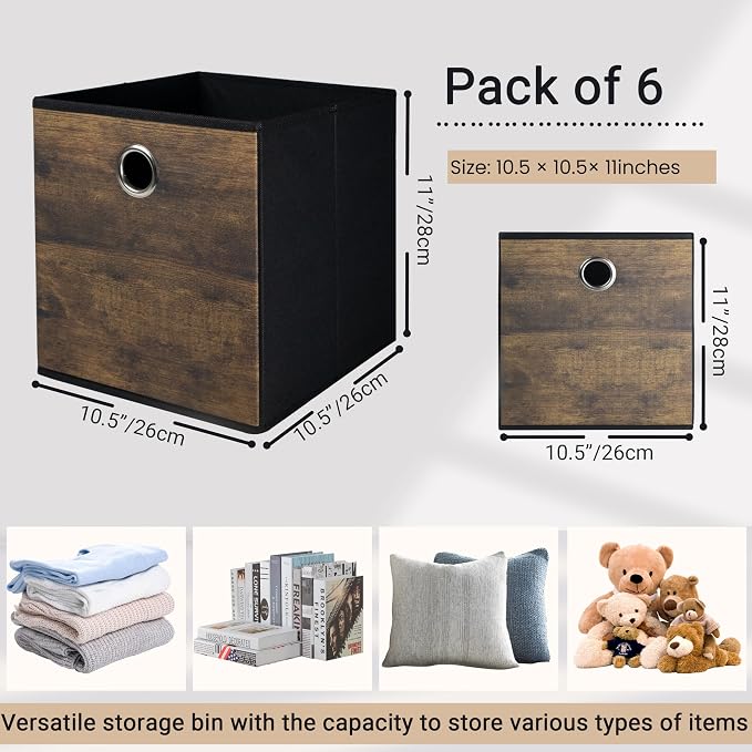 6 Pack Durable Storage Cube Bin with Decorative Wood Grain,Thickened Fabric Box,Storage Basket for Shelf,Closet,Storeroom,Bedroom,Living Room,Nursery,Office,Dorm,RV,10.2x10.2x11in,Brown & Black(Small)