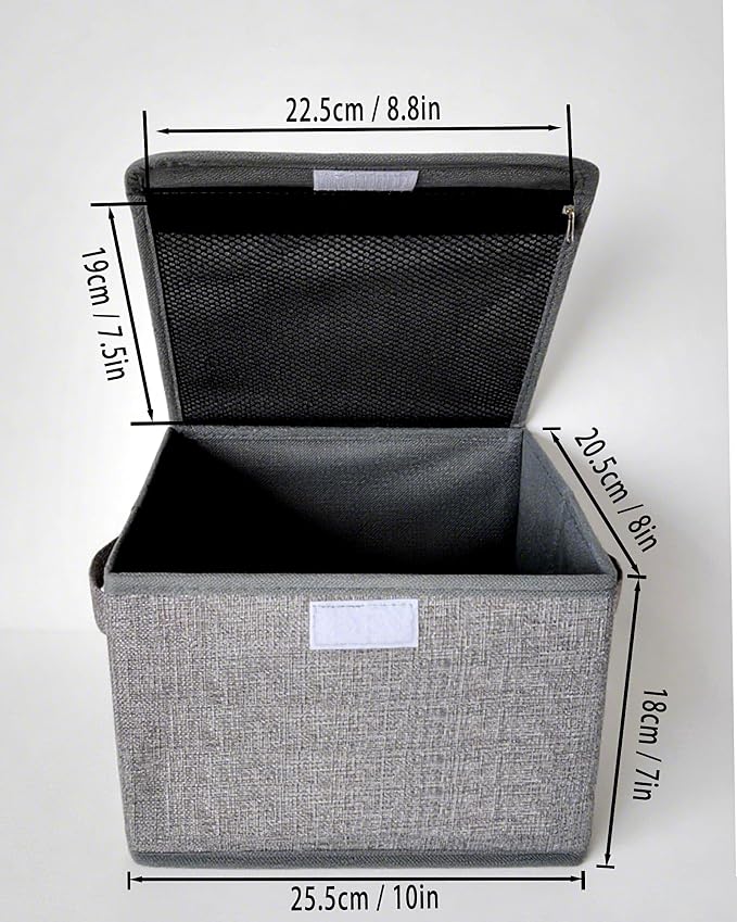 2 Pack Small Storage Box, Storage Basket with Lid, Foldable Cotton Linen Fabric Keepsake Box, Organizer Container with Zipper for Decorative, Medicine, Greeting Card Organizer.(Gray)