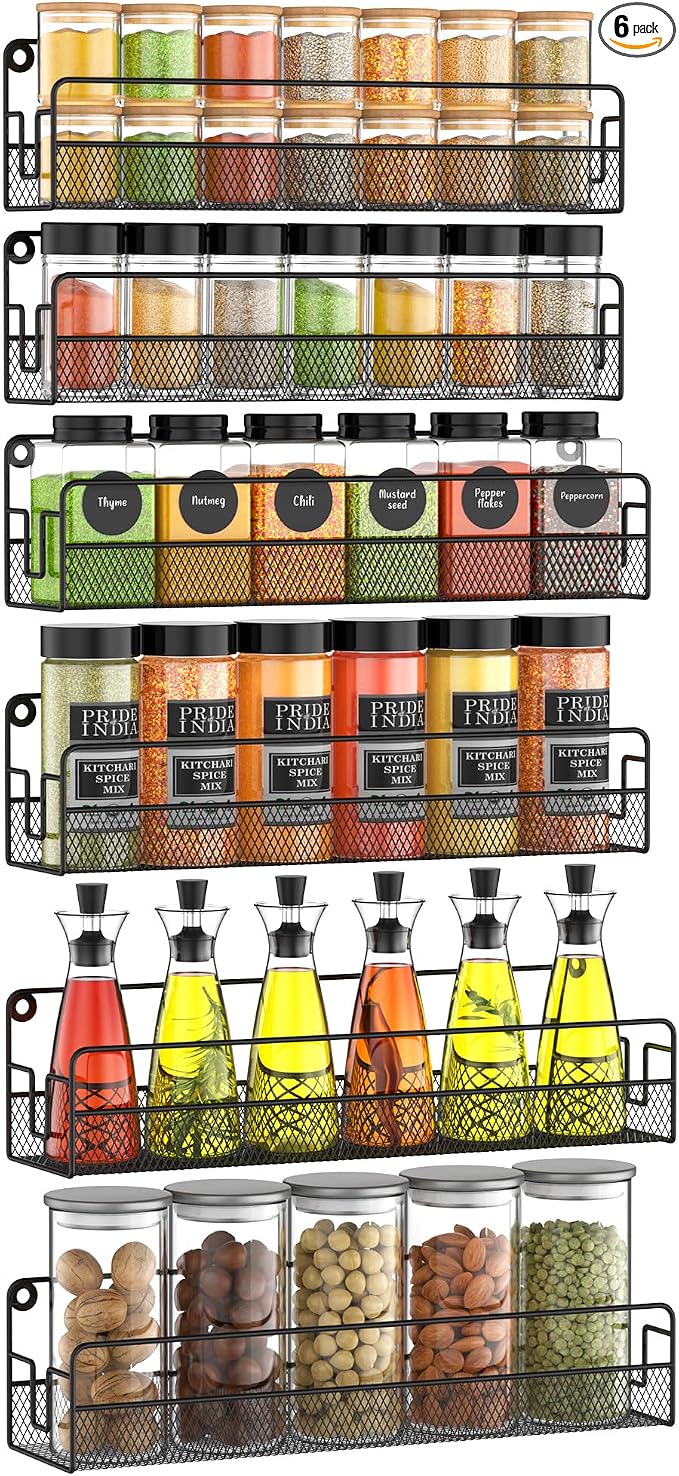 Wall Mounted Spice Rack Organizer, Pantry Door Organizer & Hanging Storage Baskets, Metal Spice Shelf for Kitchen Cabinet, 3 Depth Sizes Hold Large Jars to Nail Polish Bottles, 6 Pack