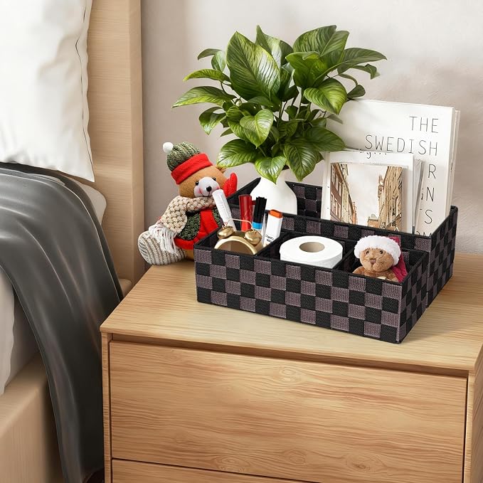 Woven Storage Baskets Bins Container for Organizing, 16” Checker Pattern Ribbon Metal Wire Desk Organizer, Drawer Dresser Baskets, Countertop Toilet Paper Storage (Black & Brown), 2-Pack