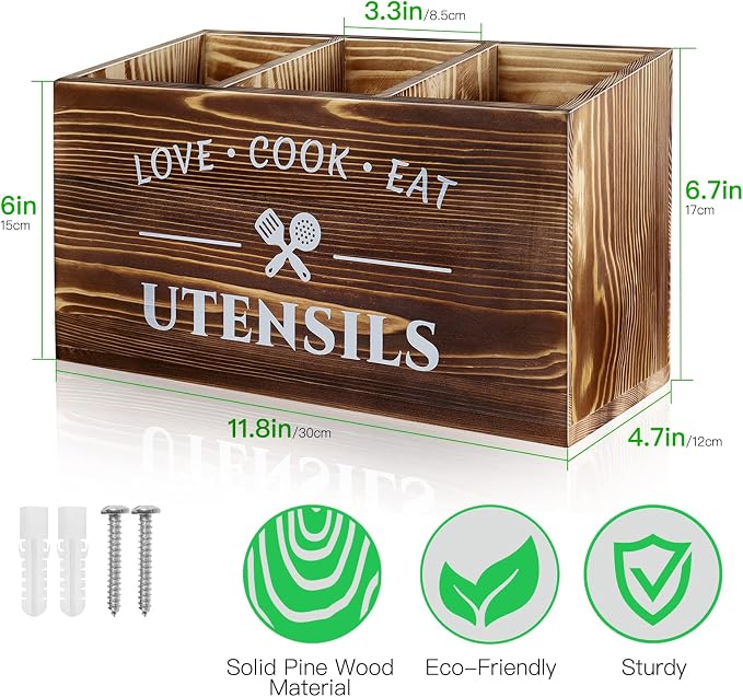 MINCORD Brown Utensil Holder Rustic Wood Utensil Caddy Crocks with 3 Compartments for Kitchen Counter, Farmhouse Flatware Organizer Storage Box for Silverware Fork Spoon Spatula