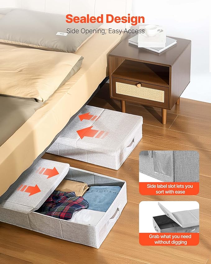 VEVOR Under Bed Storage with Lids, 31.7 x 15.9 x 6.1 Inch, 48L Large Underbed Clothes Storage Containers, Low Profile Gray Under Bed Drawer Shoe Organizer Bins Box for Blanket Shoe Bedroom, 2 Pack