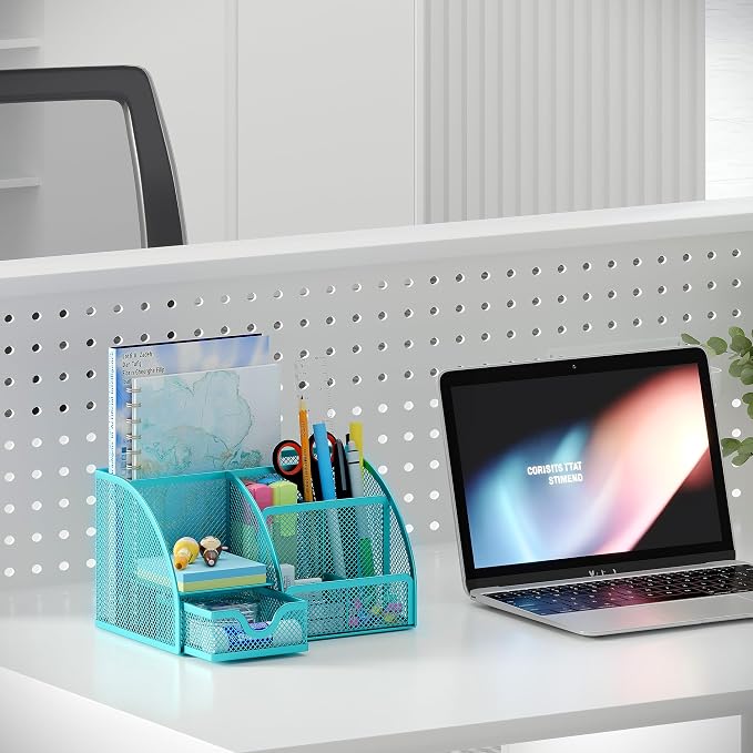 EasyPAG Mesh Desk Organizer with Drawer Multi-functional Pen Holder Stationery Organizer for Office School Supplies 6 Compartments Dorm Organizers and Storage for Desk, Blue