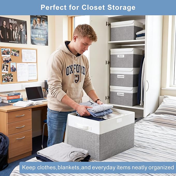 Bagnizer Large 17" 42 Quarts Collapsible Stackable Storage Bins with Lids [3-Pack] Foldable Fabric Linen Storage Boxes Cube, Closet Organizer Baskets with Label (16.7 x 12 x 12, Gray & White)