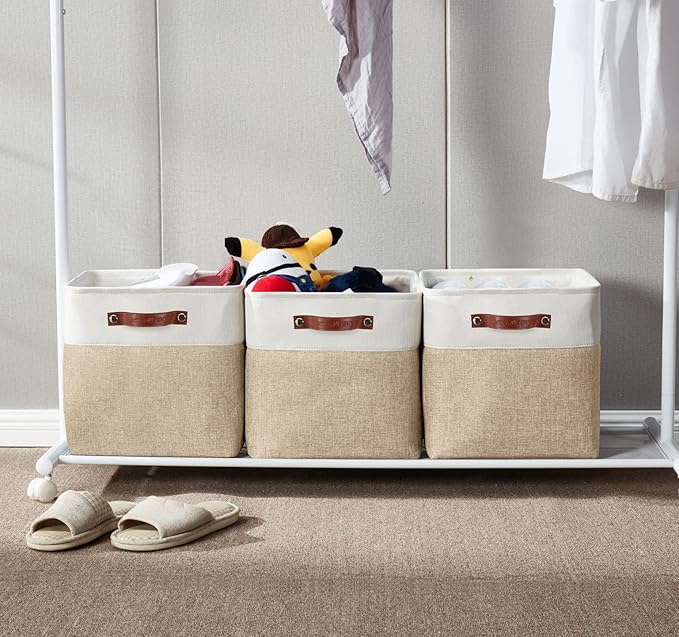 DECOMOMO Cube Storage Bin 12x12, Fabric Storage Bins, Kallax Storage Cubes (Beige & White, 4 Pack)