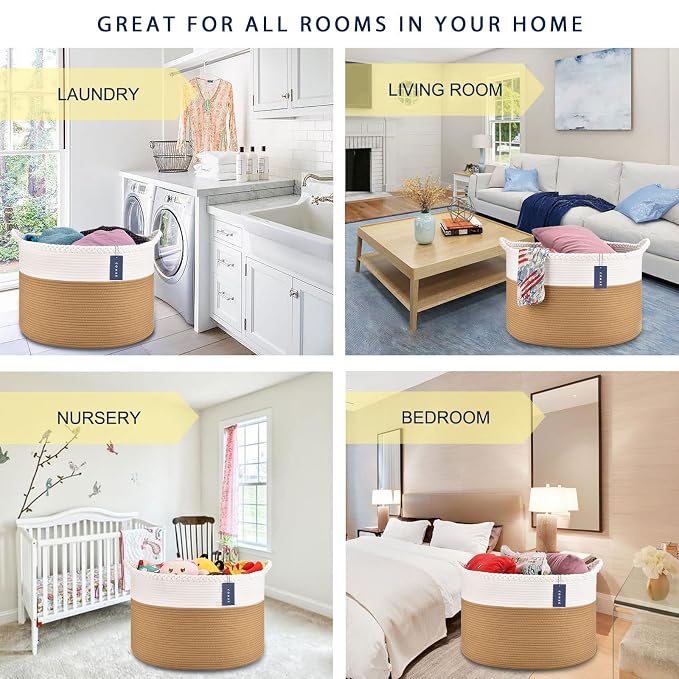 COMSE Extra Large Blanket Basket, Woven Laundry Basket, 21.7”x 13.8”, Nursery Hamper, Cotton Rope Laundry Hamper Living Room for Storage Toys Clothes Towels(White & Camel)