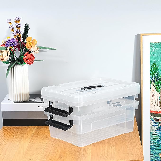 Cetomo Lidded Storage Bin with Handle, Tote Organizing Container with Durable Lid and Secure Latching Buckles, Stackable and Nestable, Plastic, 16 Quart-3 Pack, Clear