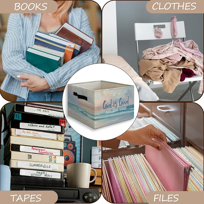 Christian Coastal Beach Foldable Storage Bins Box with Handles, God Is Good All the Time Bible Verse Religious Collapsible Organizer Basket for Christian Home Room Clothes Toys Books
