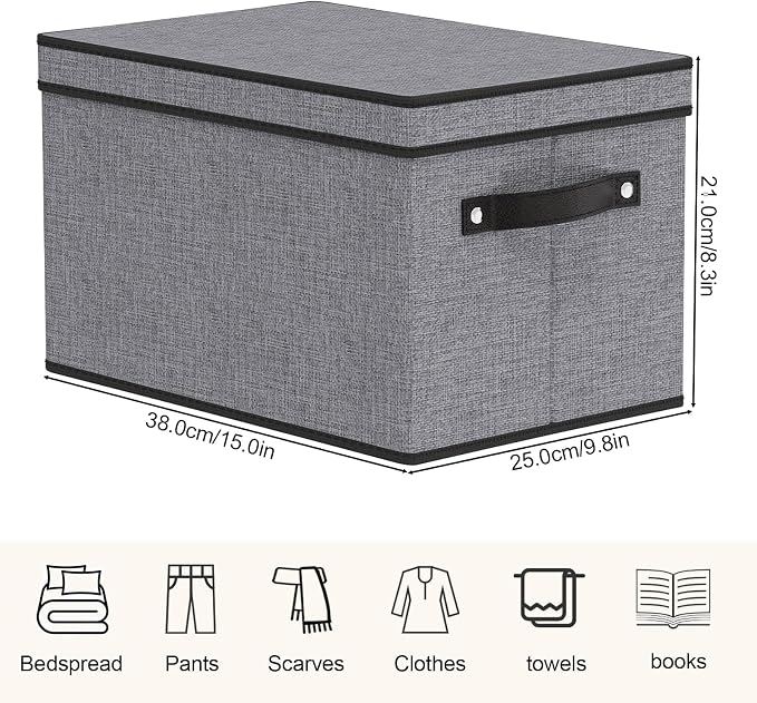 Storage Boxes with Lids, 15 x 9.8 x 8.3 Inch Storage Bins for Wardrobe Bedroom Laundry, Fabric Closet Organizers with Handles,Gray, 5-Pack