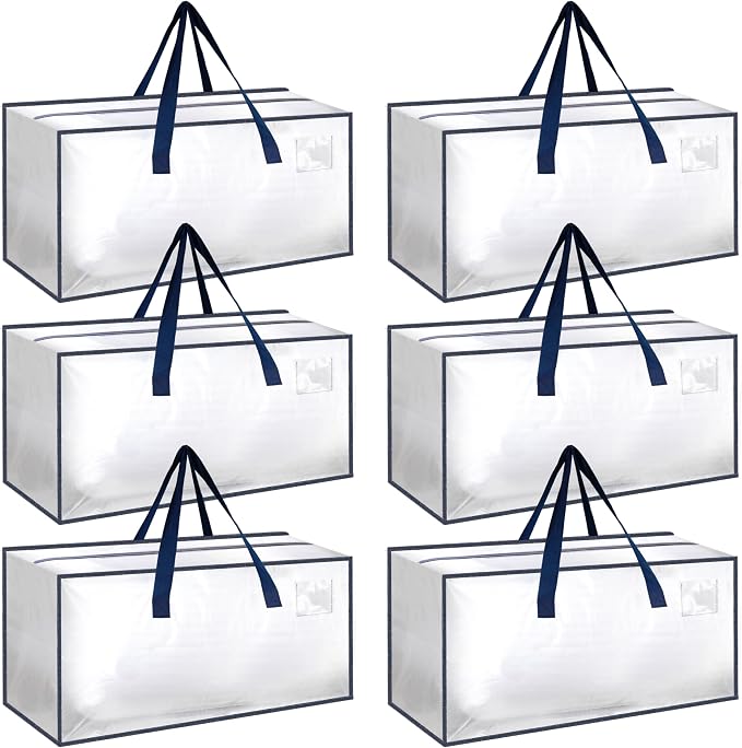 Simple Deluxe 6 Pack Extra Large Moving Bags with Backpack Straps, Strong Handles/Zippers, Heavy Duty Storage Tote for Moving Travel Camping Space Saving, White