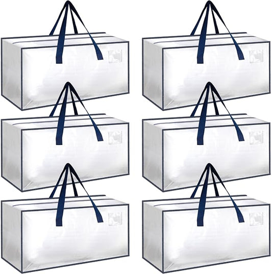 Simple Deluxe 6 Pack Extra Large Moving Bags with Backpack Straps, Strong Handles/Zippers, Heavy Duty Storage Tote for Moving Travel Camping Space Saving, White
