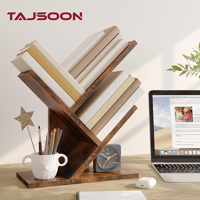 Tajsoon Tree Bookshelf 3 Tier Book Shelves Storage Organizer, Desktop Bookshelf Floor Standing Bookcase Display for Magazine/Books, Small Tree Bookshelf for Bedroom, Living Room Office, Rustic Brown