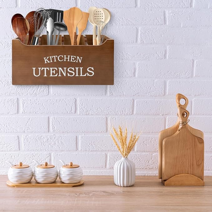 Kitchen Utensil Holder with Drainage Bottom, Extra Large 4 Compartments Solid Real Wood Utensil Organizer for Kitchen Counter, Farmhouse Cooking Tools Storage for Countertop, Brown