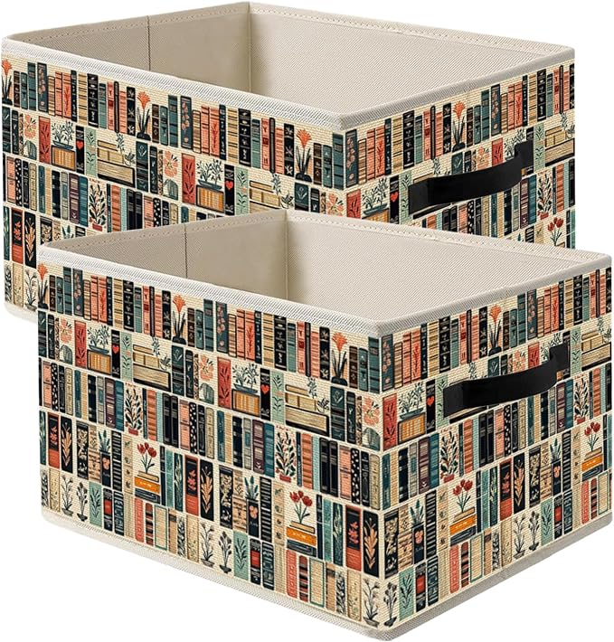 Vintage Book Lovers Storage Bin Box with Handles, Retro Bookish Foldable Organizer Basket for Reading Corner Room Library Bedroom Bathroom Home Clothes Books, Set of 2