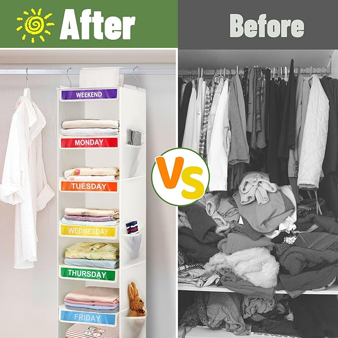 6-Shelf Weekly Clothes Organizer for Kids, Hanging Daily Closet Organization with 6 Side Pockets, Days of The Week Clothing Divider Storage for Boys and Girls (White)