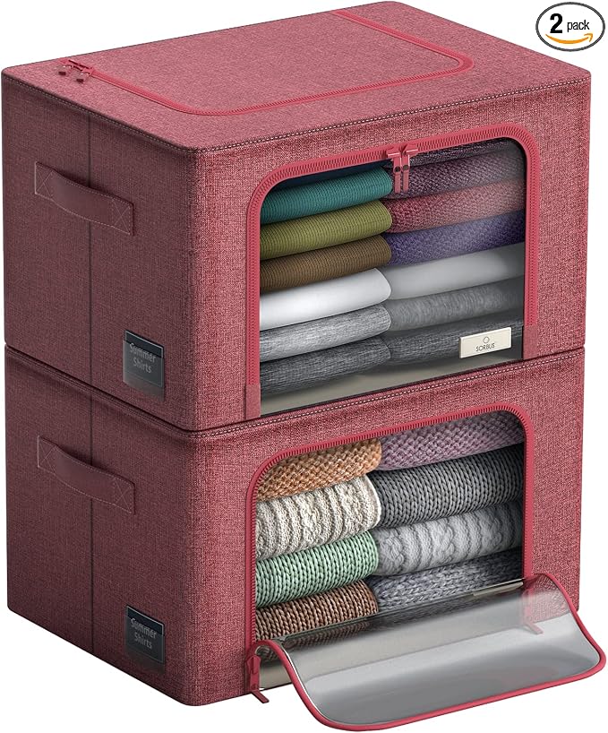 Sorbus Storage Bins with Metal Frame - Stackable & Foldable Clothes Organizer Bags - Oxford Fabric Storage Containers with Large Clear Window & Carry Handles Organization for Bedding Linen & Clothing