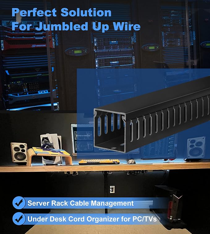 ZhiYo 2 x 2in Professional Server Rack Cable Management Raceway, 99in (6X L16.5in) Cable Raceway Kit, Electrically Safe PVC Open Slot Wire Raceway for Under Desk/Computer/Network Cords, Black