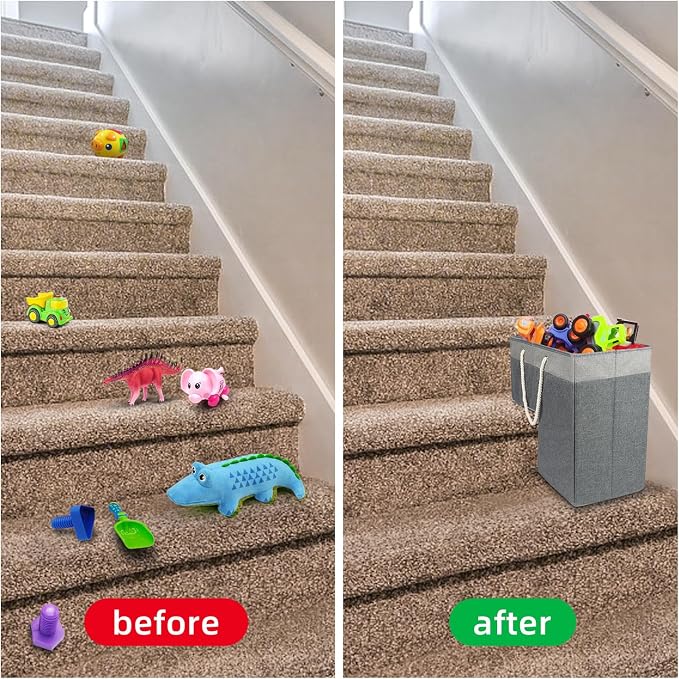 Stair Basket for Stairs with Handle, Staircase Baskets for Carpeted and Wooden Stairs,16" Step Storage Basket for Toys, Clothes, Books, Tools, with Hard Board, Anti-slip (2, Gray)