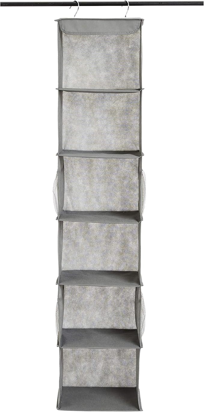 Amazon Basics 6-Tier Hanging Closet Shelf Organizer with Pockets, Clothes Storage for Sweaters and Clothing,8" Dx12 W x 9" L x 8.5" H, Grey (Pack of 10)
