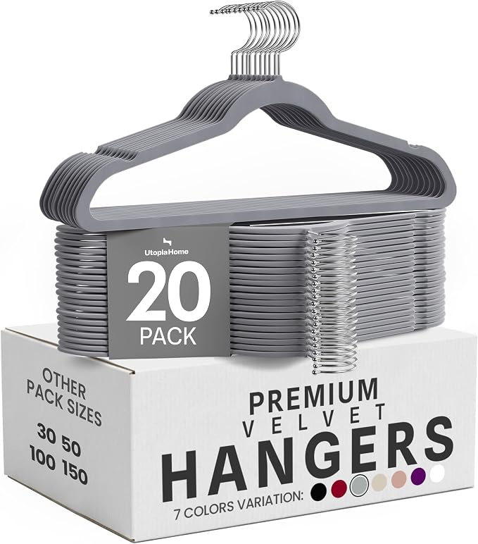 Utopia Home Velvet Hangers 20 Pack, Grey | Luxury Non-Slip Slim Pant & Coat Hangers, Strong Space-Saving Clothes Hangers with Pants Bar and 360° Swivel Hook