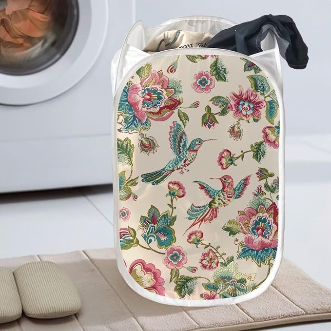 AFPANQZ Mesh Popup Laundry Hampers Foldable Portable Dirty Clothes Basket Organizer, Hummingbird Retro Flower Collapsible Hamper for Bedroom, Kids Room,College Dorm and Travel 61L