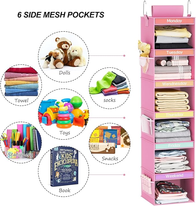 Fixwal Weekly Kids Clothes Organizer 6-Shelf Hanging Closet Storage Pink