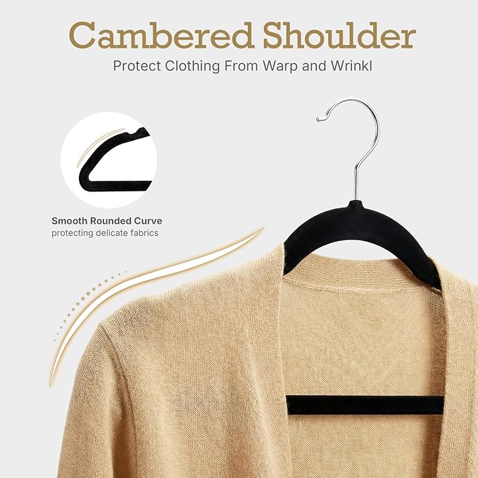 HOUSE DAY Black Velvet Hangers 60 Pack, Non Slip Clothes Felt Hanger Heavy Duty for Coat, Premium Slim Space Saving Suit Hangers for Closet Organizer, 360° Rotating Silver Hook