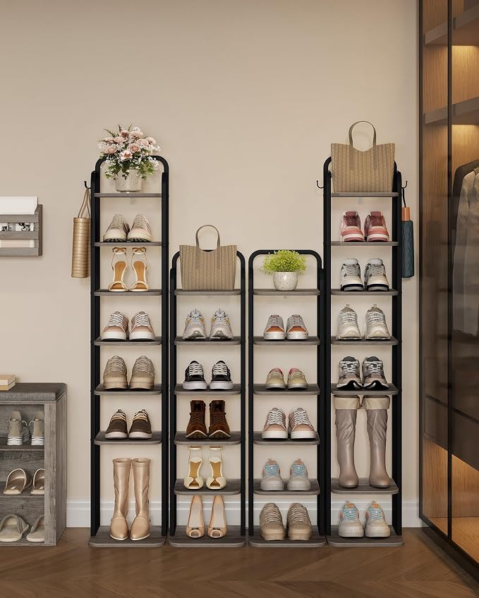 Hzuaneri 6 Tiers Vertical Shoe Rack, Narrow Shoe Tower, Tall Shoes Shelf with 2 Hooks, Adjustable Shelves, Corner Shoes Shelves for Small Spaces, Entryway, Living Room, Greige, SR04205B