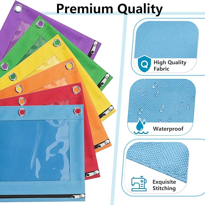 Forvencer 6 Pack Pencil Pouches for 3 Ring Binder, Smooth Zipper 3 Ring Binder Pencil Pouch, Multi-Color Pencil Case for Binder, Clear Top Binder Pencil Pouch, Pencil Bag with 3 Re-enforced Grommets