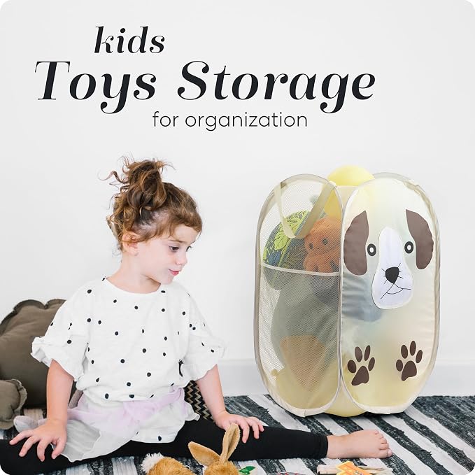 Pop Up Laundry Hamper, Cute Puppy Collapsible Mesh Basket 71L with Reinforced Handles and Side Pocket - Foldable Pop Up Hamper for Dorm, Travel, Kids Room - Handy Laundry (Puppy)