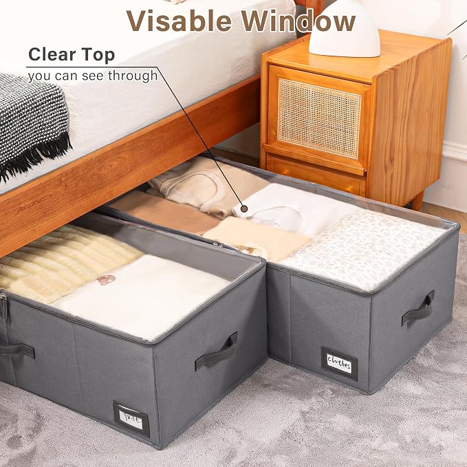 Freebat 10" High Under Bed Storage Containers, Underbed Container with Clear Lid Cover & Label Holder, Storage Bag Box with Visiable Window for Clothes, Bedsheet, Pillow, 2 Pack(Gray)