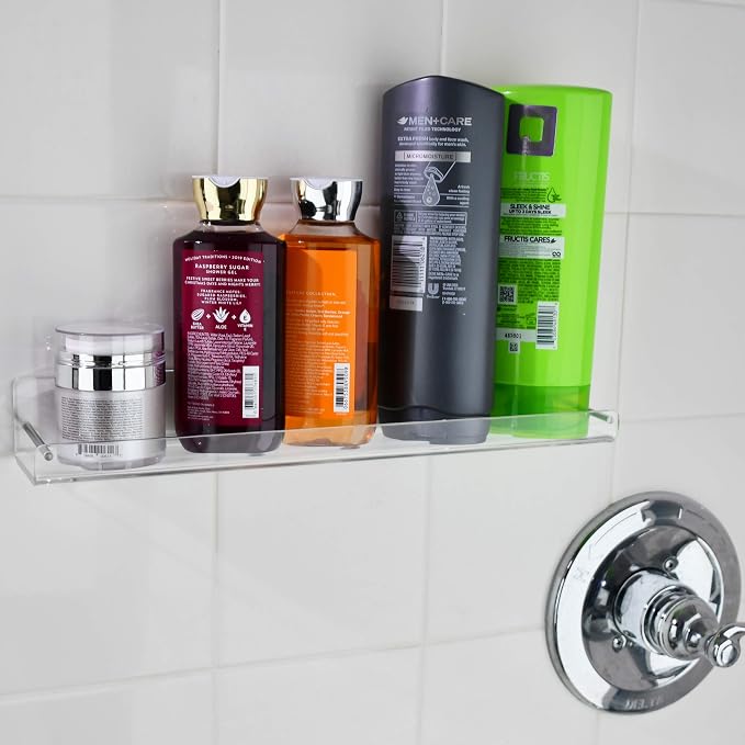 AMT 4 Pack Acrylic Floating Shelves, 15" L x 3.25" W, Clear Bathroom Wall Shelf, Bookshelves, Invisible Display for Office, Bedroom, Small Gap Allows Water to Escape, Free Screws & Drill Bit (Medium)