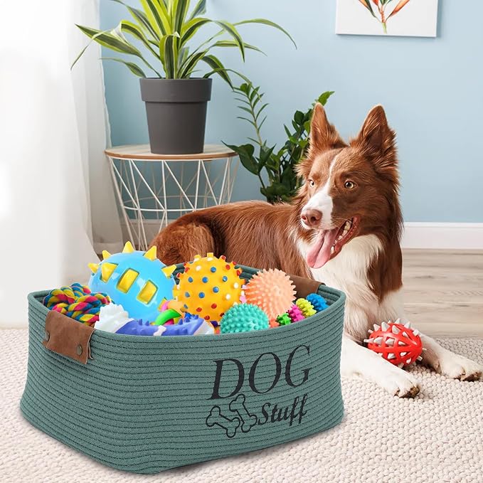 Geyecete Square Dog toy basket storage Cotton Rope Storage Basket Pet/Pet Toy And Accessory Storage Bin Doy Toy Box-Green