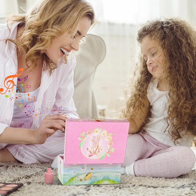 Kids Musical Jewelry Box for Girls- Glitter Storage Box and Jewelry Set- Ballet Birthday Gifts for Little Girls, Ballerina Theme - Swan Lake Tune Pink， 6 x 4.7 x 3.5 in - Ages 3-10