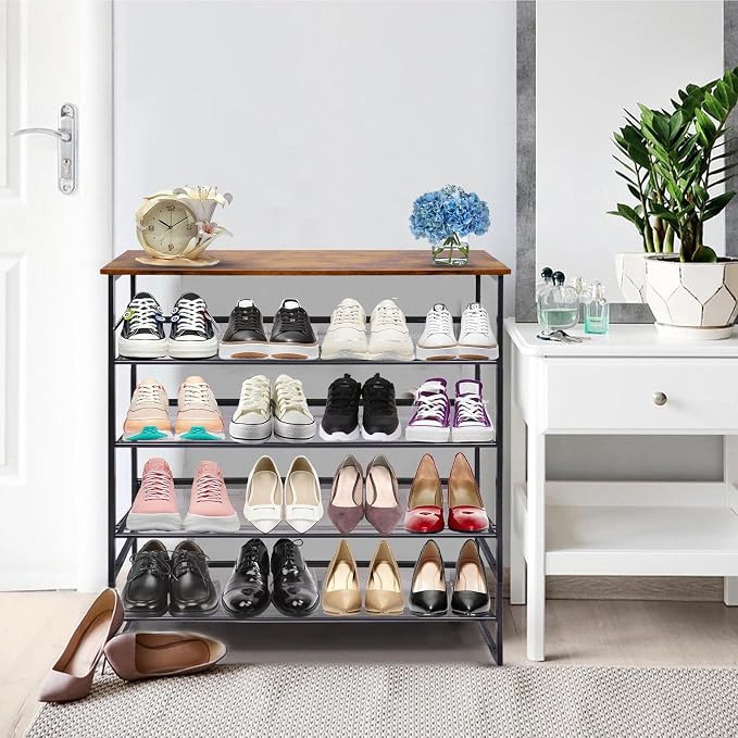 Garden 4 you Shoe Rack for Entryway 5 Tiers 11.8" D x 29" W x 36.5" H, Metal Shoe Rocks with Brown Wooden Tabletop, Angled Shoes Rack with Adjustable Mesh Shelves for Entryway Hallway Closet