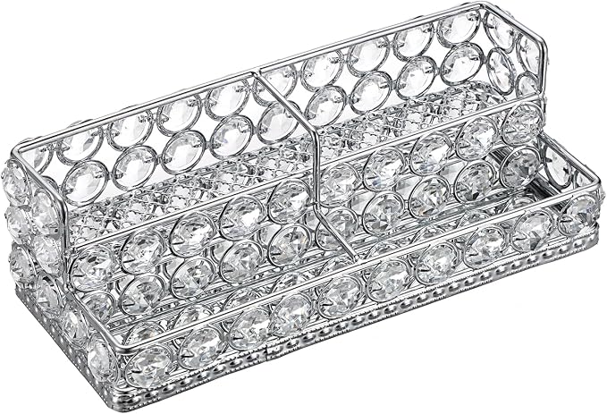 Hipiwe Silver Business Card Display Holder 2 Tiers Crystal Business Card Storage Stand with 4 Slots Office Desktop Organizer for Exhibition