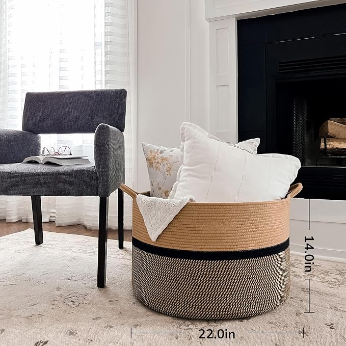 CHICVITA XXL Extra Large Cotton Rope Woven Basket, Throw Blanket Storage Basket with Handles, Decorative Clothes Hamper - 22" x 22" x 14", Brown&Black