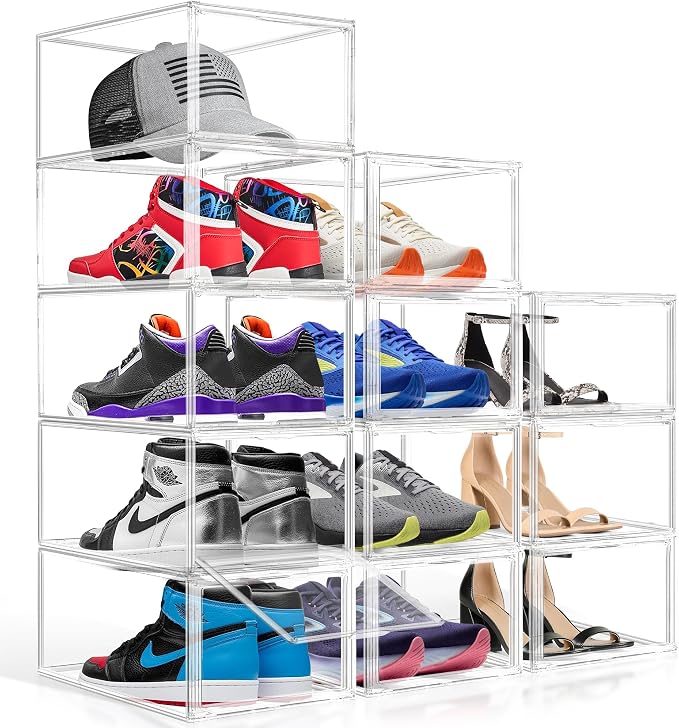12 Pack Drop-Front Clear Shoe Boxes Acrylic Box Sneaker Boxes Size 12, Stackable Shoe Display Cases with Magnetic Door Storage Bins for Sneaker Containers Boot Figure Display