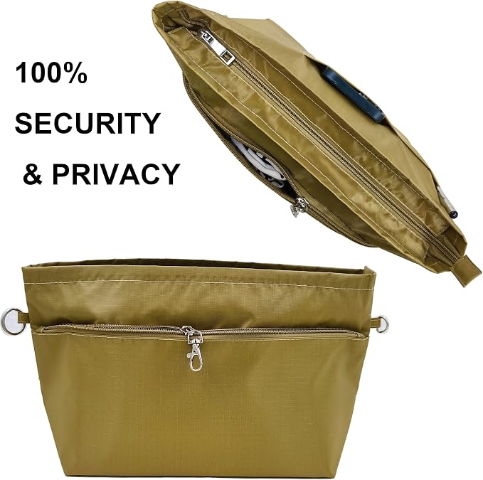Handbag Tote Purse Organizer Insert, Khaki Green, Large | Bag Divider Liner Shaper Separator in Bag with Zipper, 11 Pockets Compartments