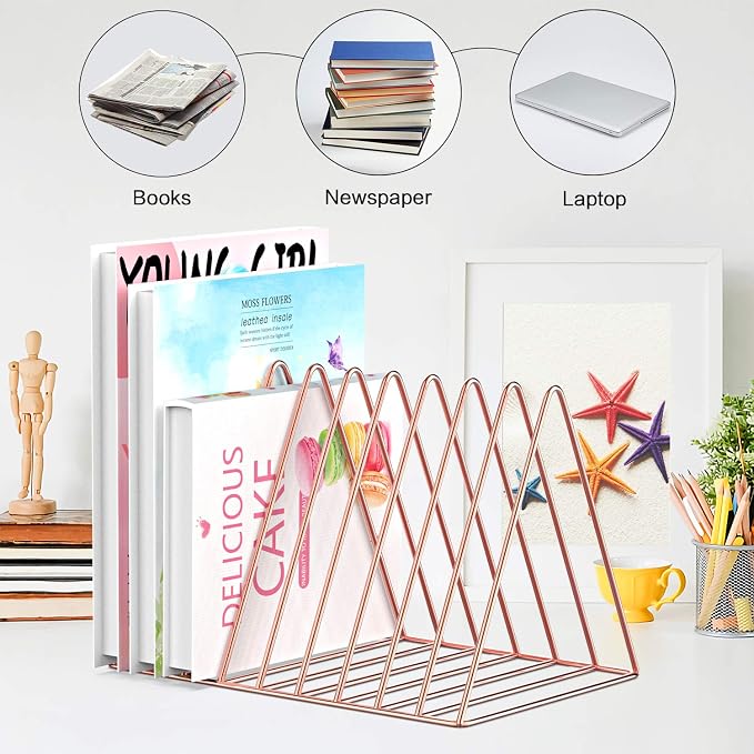 Files Folder Stand Desktop File Organizer, Triangle Wire Magazine Holder Book Shelf, 9 Slot File Sorter Eye-catching Decoration for Indoor Office Home, Photography props, Fashion in INS (Rose Gold)