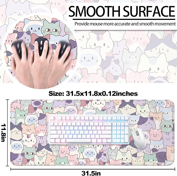 Cute Pink Cat Gaming Desk Mat, Computer Keyboard Large Extended Kawaii Pastel Cat Mouse Pad for Office and Home, 31.5×11.8 Inches, XL