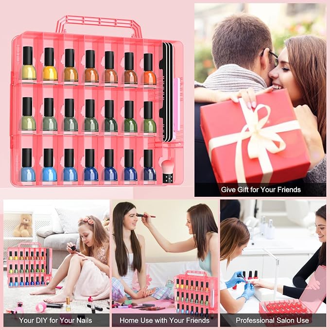 SUBAY 2 Pcs Portable Nail Polish Organizer, Clear Double Side Nail Polish Holder,Gel Nail Storage for 48 Bottles with 6 Adjustable Dividers in Each Side Space Saver Red