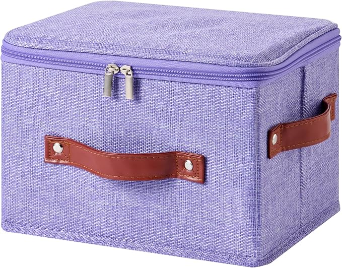 Storage Bin Box with Zippered Lid Cotton Linen Fabric Decorative Basket with PU Leather Handles PP Plastic Board Foldable Lidded Clothing Shelf Closet Organizer Container (Purple, Small)