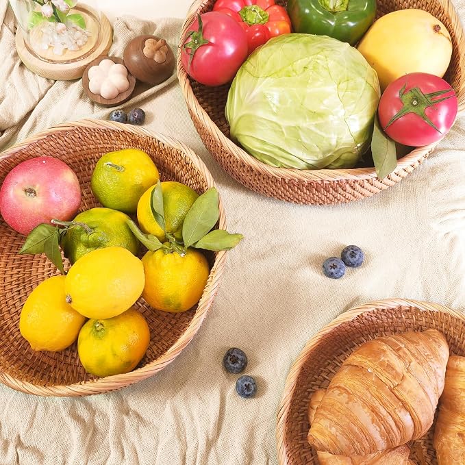 8.7" Wave Small Wicker Basket, Artisanal Rattan Fruit Basket, Key Bowl for Entryway Table, Decorative Bowl for Kitchen Counter, Bedside, Living Room, Natural Woven Fruit Bowl, Purse Bowl, Bread Basket