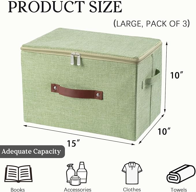 3PCS Fabric Storage Bins with Zipper Lid and Handles Cotton Linen Lidded Storage Boxes Washable Collapsible Organizer Container (Green, Large Size)
