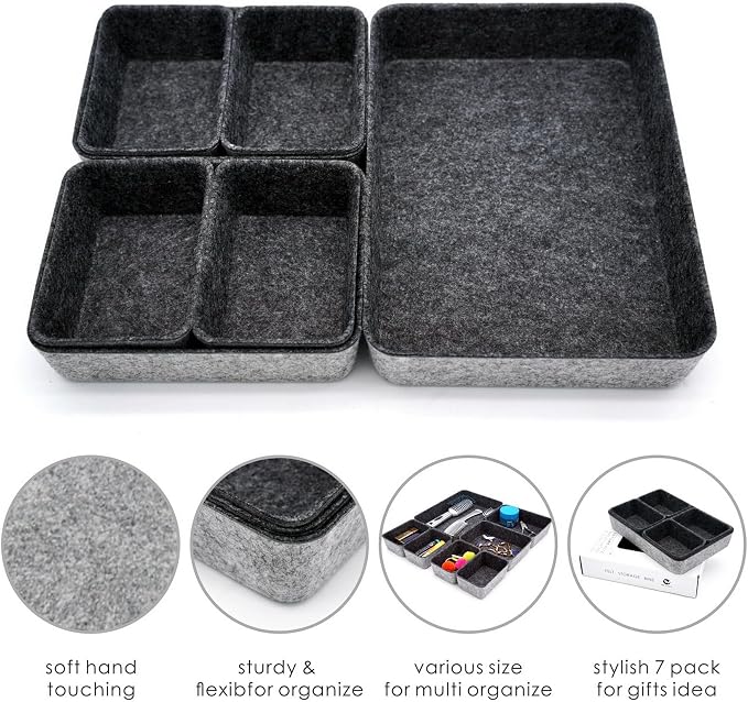 Welaxy Drawer organizers tray felt storage bin office Shallow Small Desk box Draw dividers stylish interior room decor 7-piece (Charcoal)