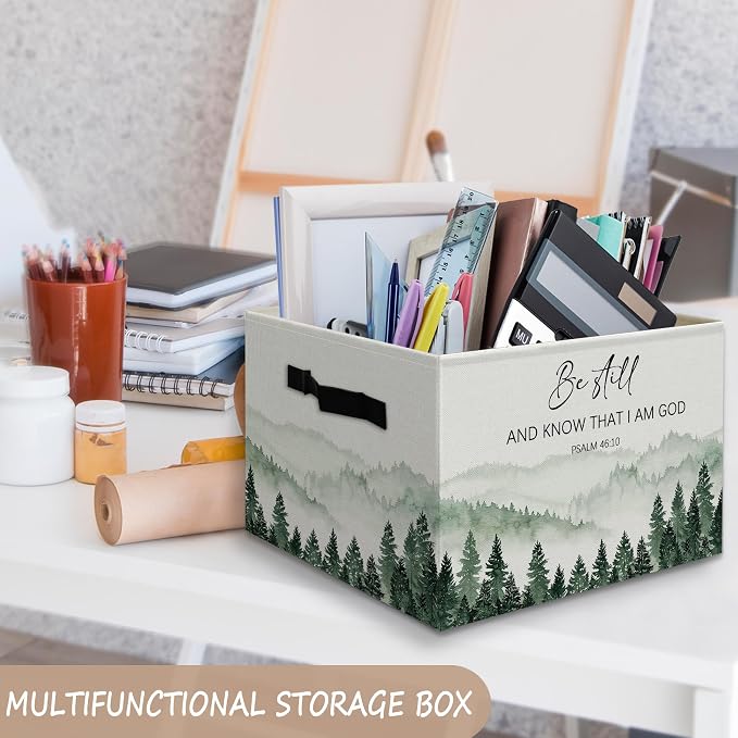 Forest Christian Basket Foldable Storage Bins Box with Handles, Be Still and Know That I Am God Bible Verse Religious Collapsible Organizer Basket for Christian Home Room Clothes Toys Books
