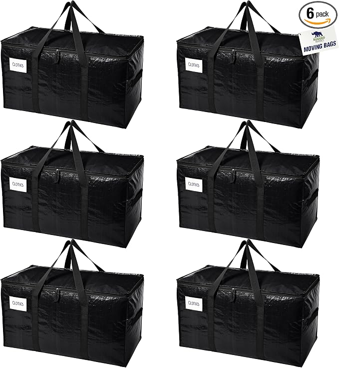 RUGGED RHINO 6 Pack Heavy Duty Extra Large Moving Bags, Durable Bag with Strong Handles and Zipper, Moving Boxes Alternative for College Packing, Holiday Décor, Space Saving Storage with Label, Black